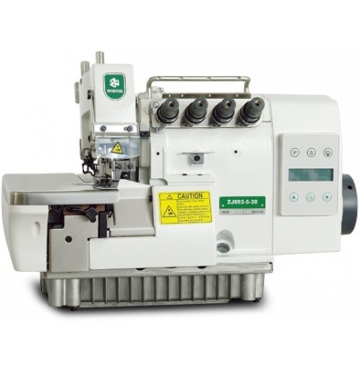 The sewing machine ZJ893-5 is a direct-drive, two-needle, five-thread overlock machine.